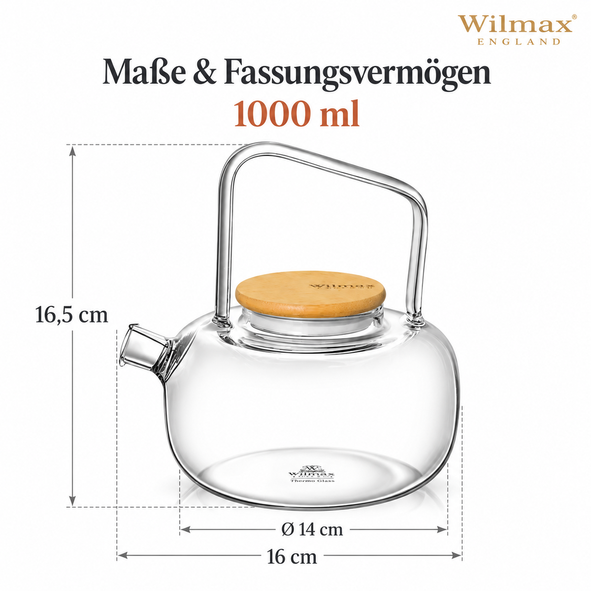 Wilmax Teekanne 1000 ml mit Federfilter und Bambusdeckel Transparent aus Thermoglas