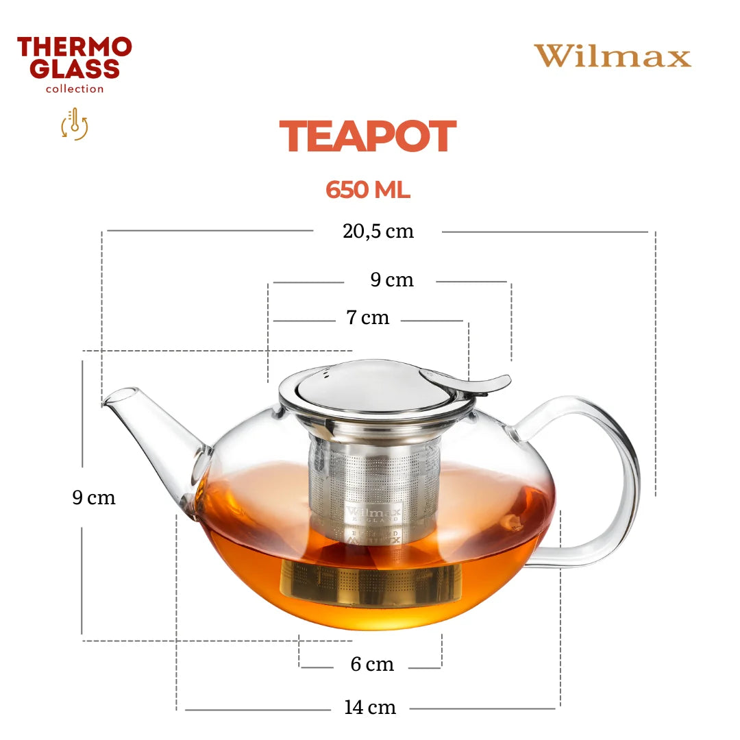 Wilmax Teekanne 650 ml mit Edelstahlfilter Transparent aus Thermoglas