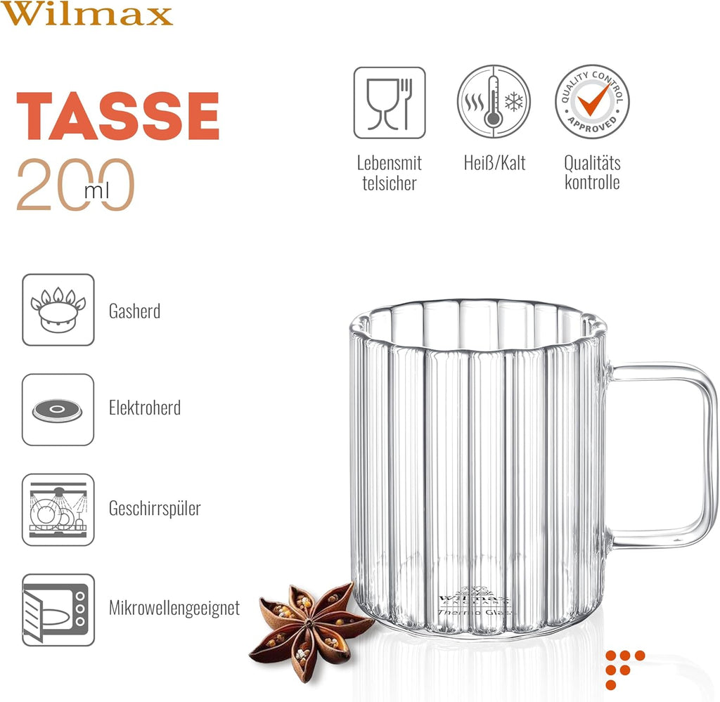 Wilmax Hitzebeständiger Glasbecher mit Henkel 200 ml 6er-Set aus Glas