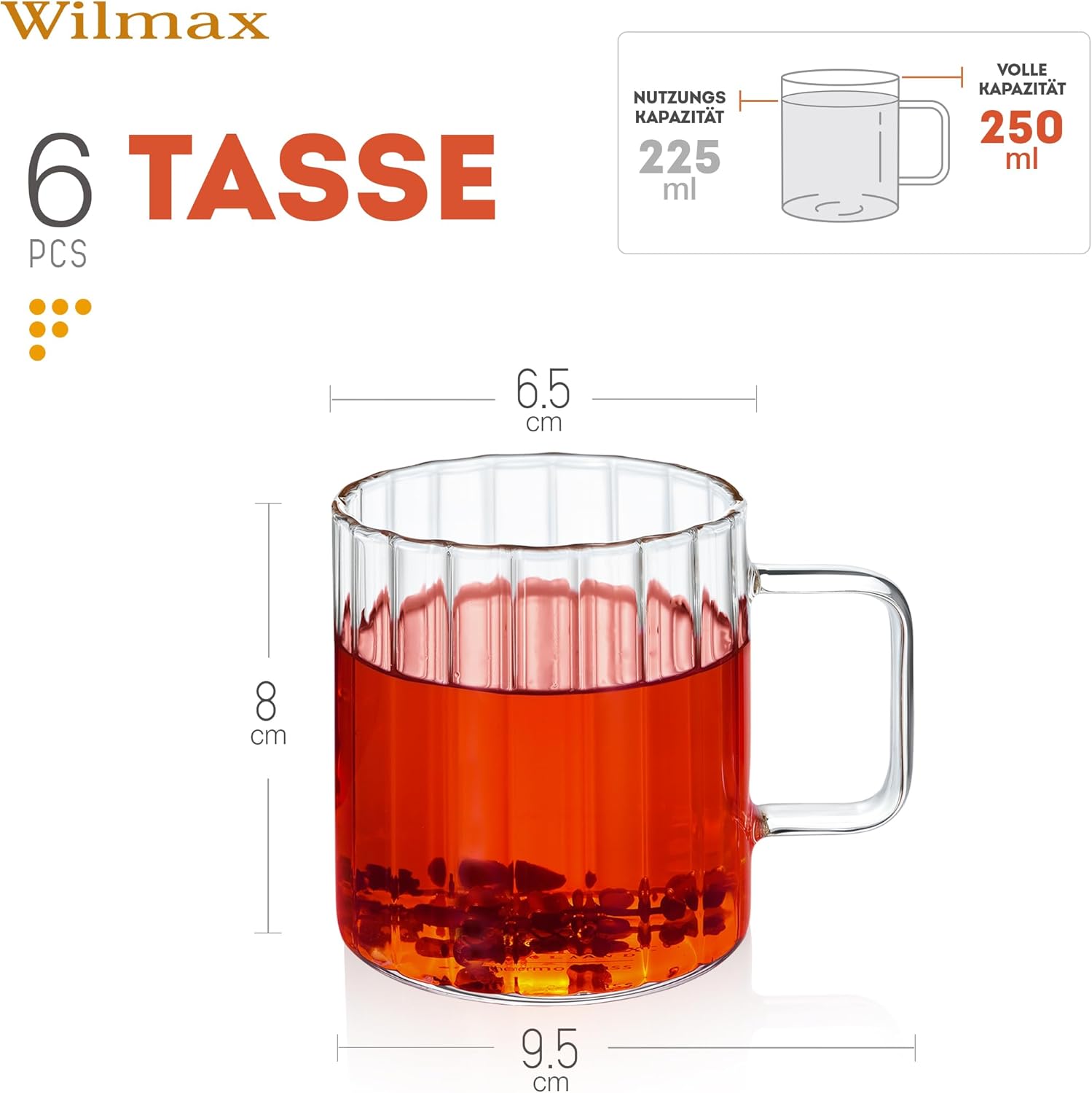 Wilmax Hitzebeständige Glastasse mit Henkel 250 ml 6er-Set aus Glas