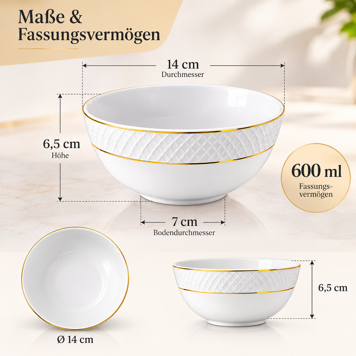 Wilmax Schale 600 ml 14 cm 2er-Set Weiß mit Goldrand aus Porzellan