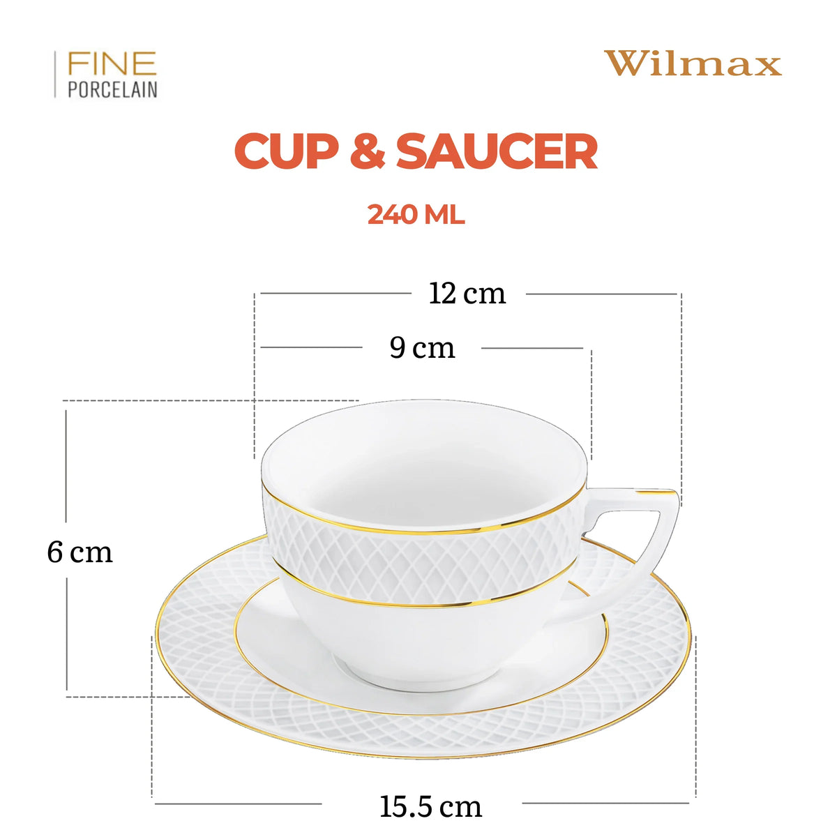 Wilmax Tasse mit Untertasse 240 ml 4er-Set Weiß mit goldfarbenem Dekor aus Porzellan
