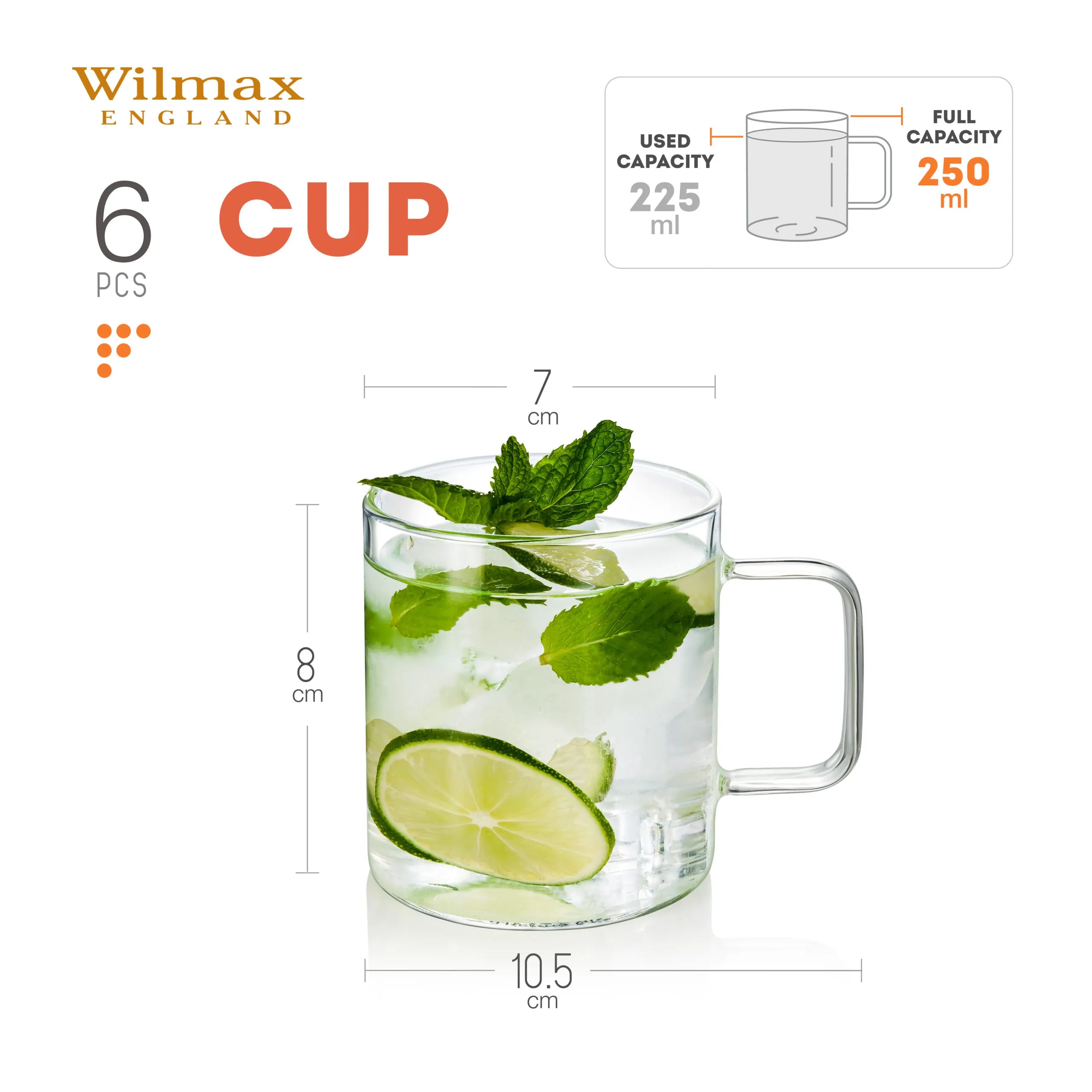 Wilmax Glastasse 250 ml 6er-Set Transparent aus Borosilikatglas