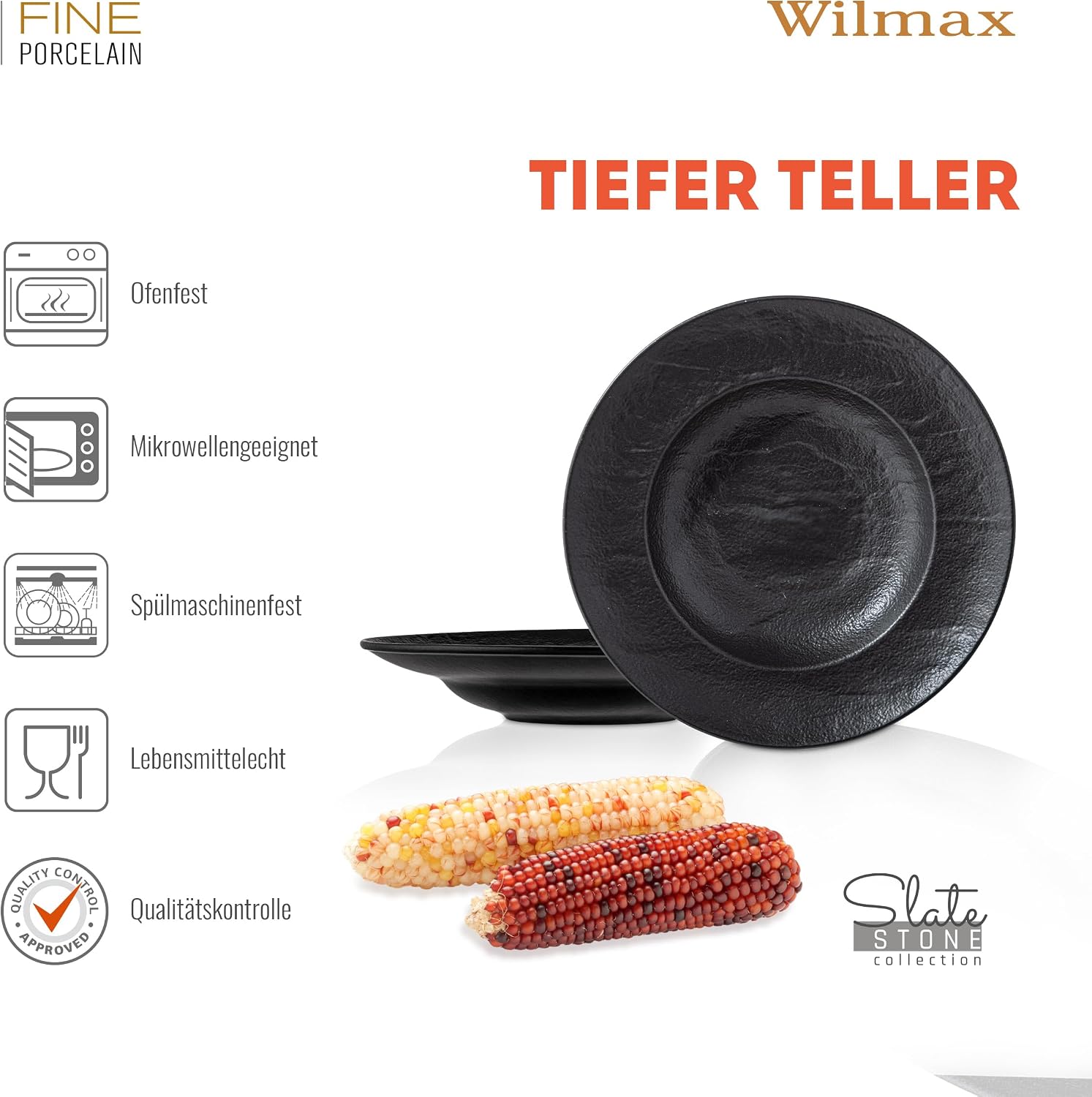 Wilmax Tiefer Teller 25,5 cm 350 ml 2er-Set Schwarz aus Porzellan