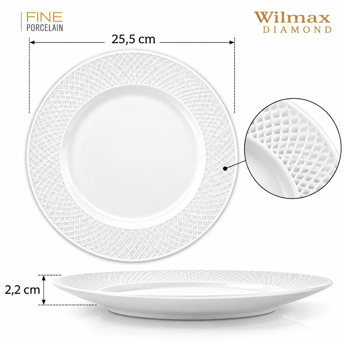 Wilmax Speiseteller 25,5 cm 2er-Set Weiß aus Porzellan