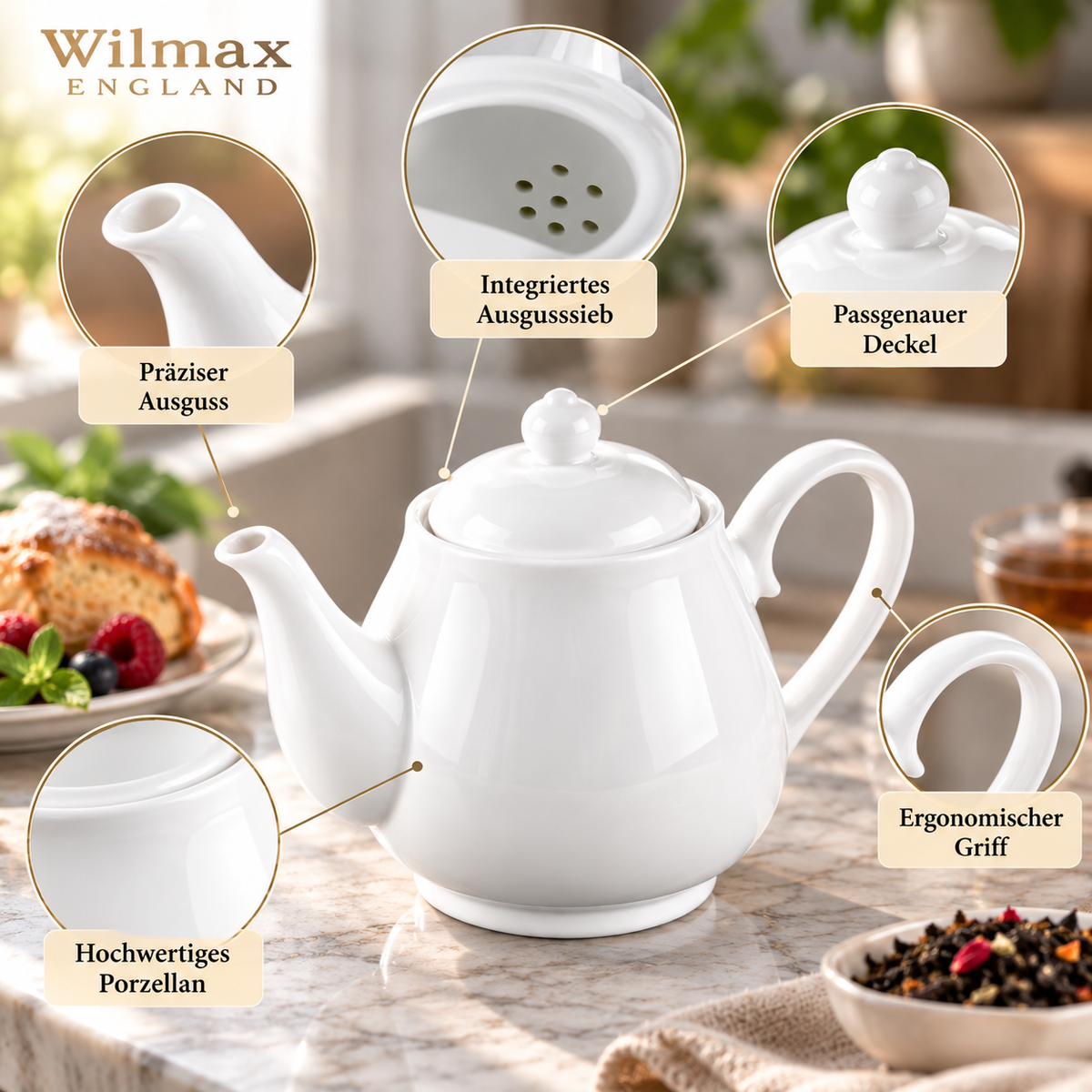 Wilmax Kaffee- und Teekanne mit integriertem Ausgusssieb 850 ml Weiß aus Porzellan