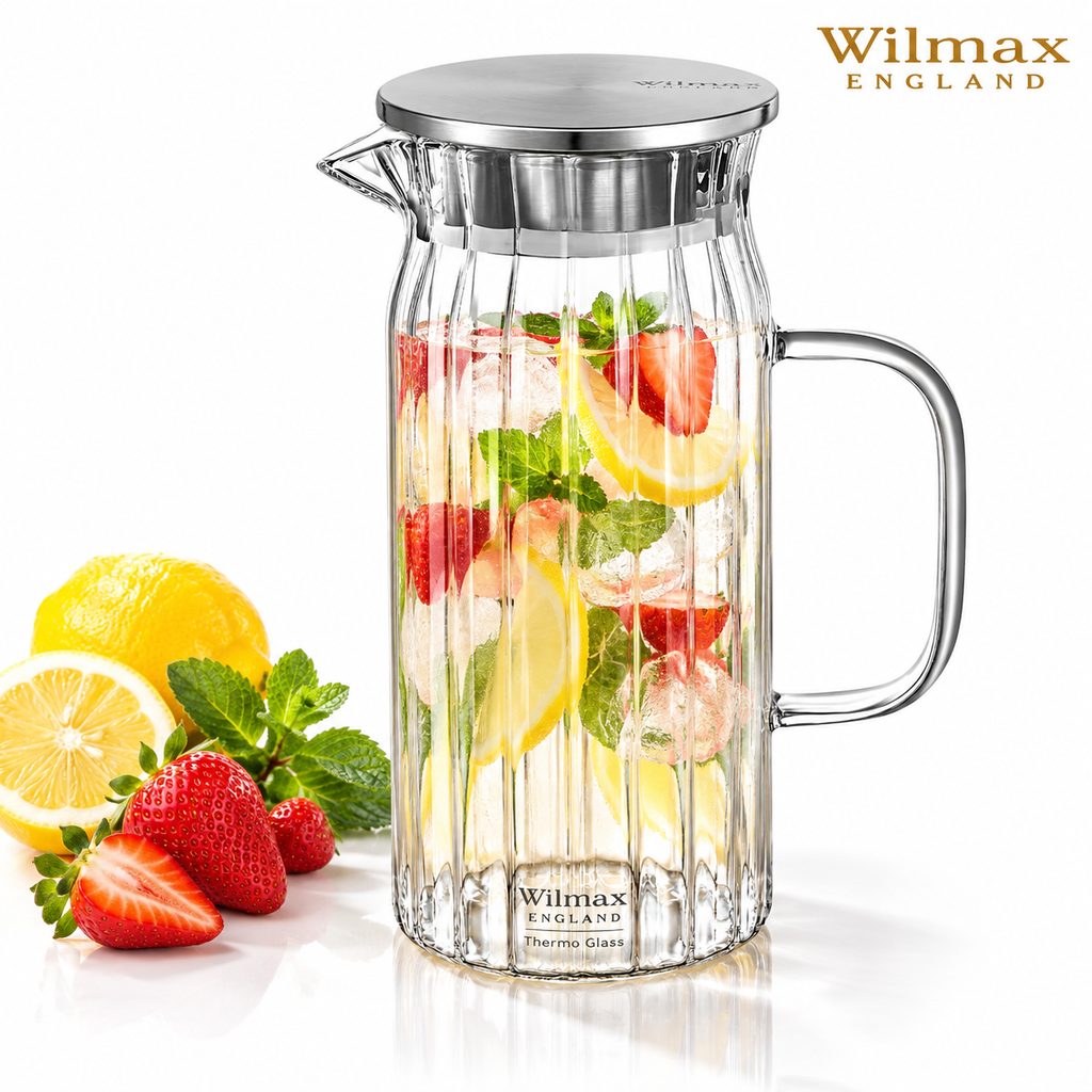 Wilmax Krug 1000 ml mit Edelstahldeckel Transparent aus Thermoglas