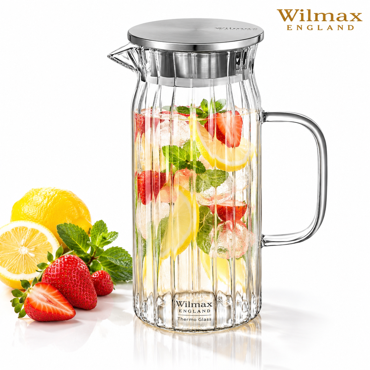 Wilmax Krug 1000 ml mit Edelstahldeckel Transparent aus Thermoglas