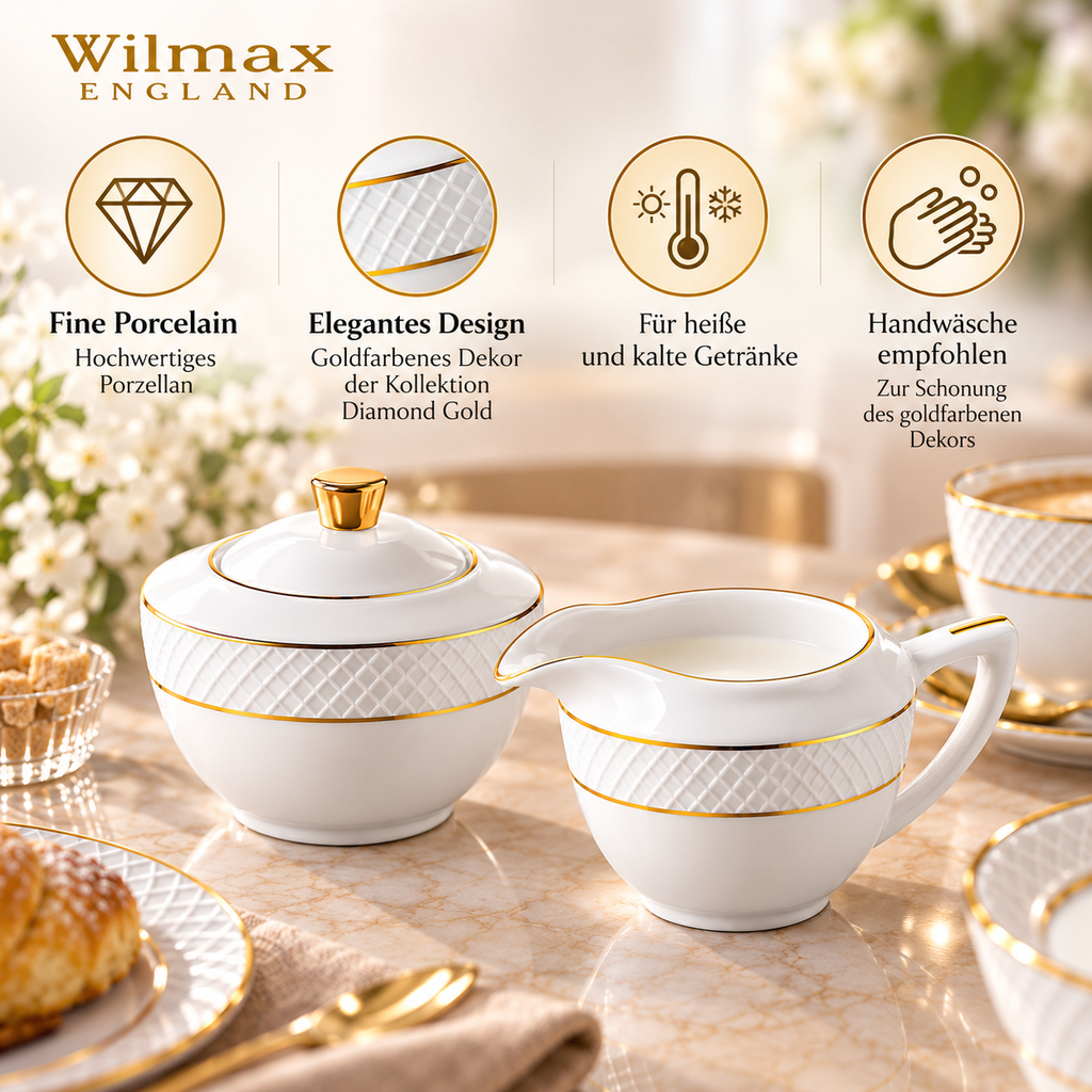 Wilmax Zucker- und Milchkännchen-Set mit Goldrand aus Porzellan 2-teilig