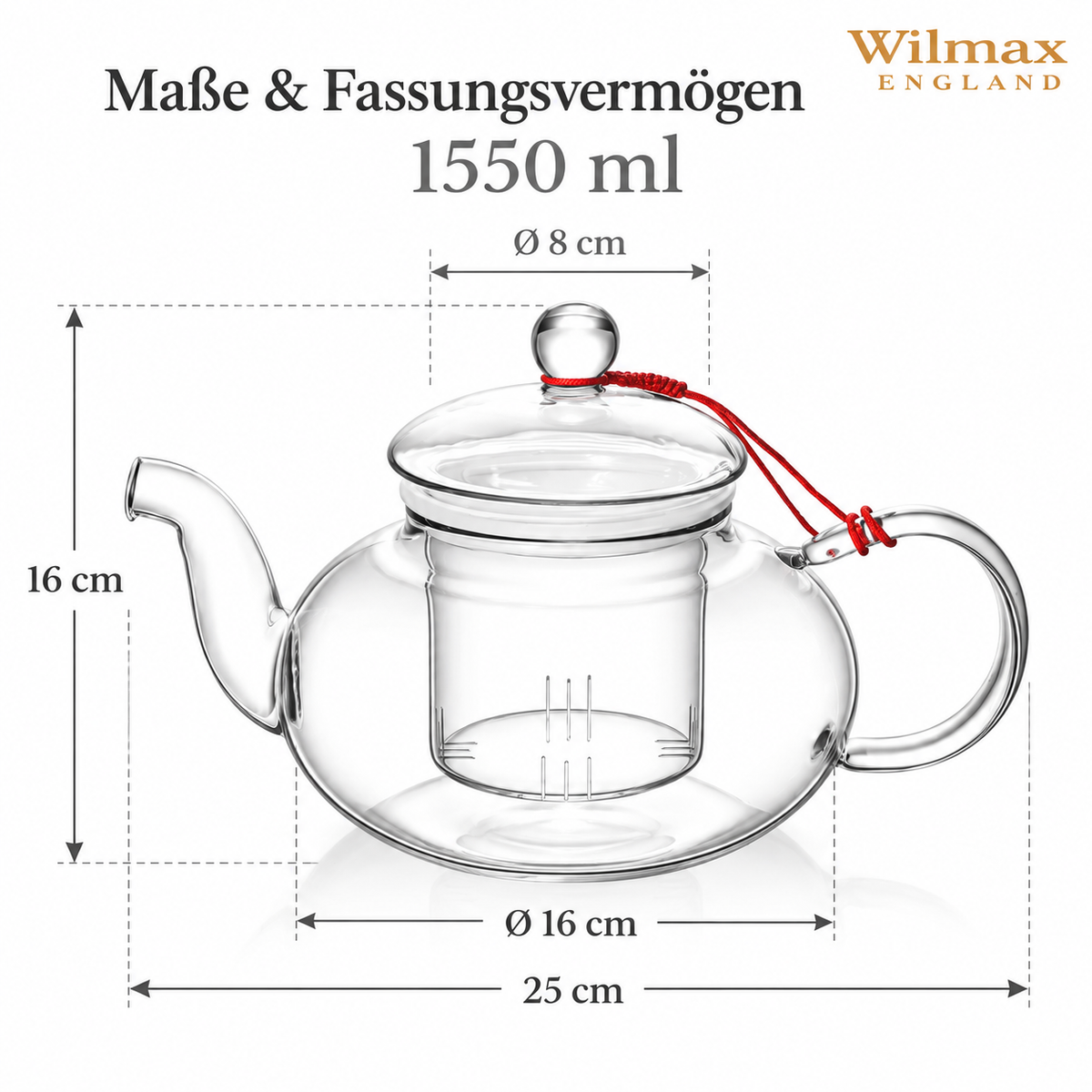 Wilmax Teekanne 1550 ml mit Glasfilter Transparent aus Thermoglas