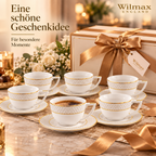 Wilmax Tasse mit Untertasse 240 ml 6er-Set Weiß mit goldfarbenem Dekor aus Porzellan
