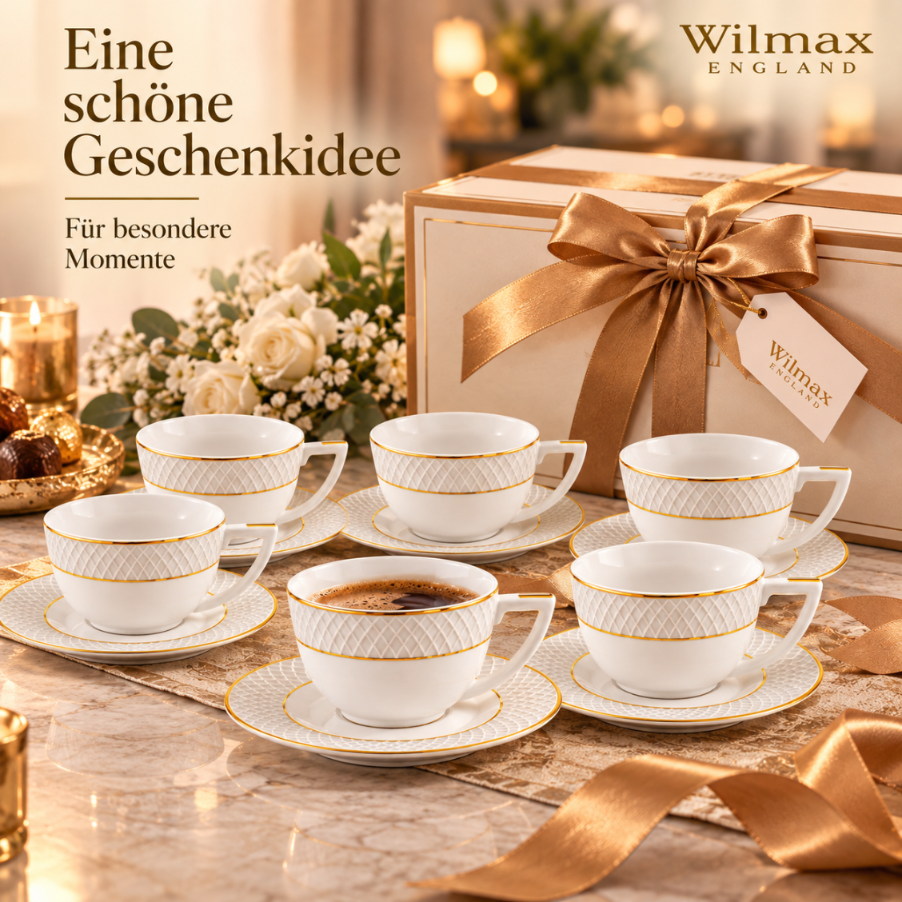Wilmax Tasse mit Untertasse 240 ml 6er-Set Weiß mit goldfarbenem Dekor aus Porzellan