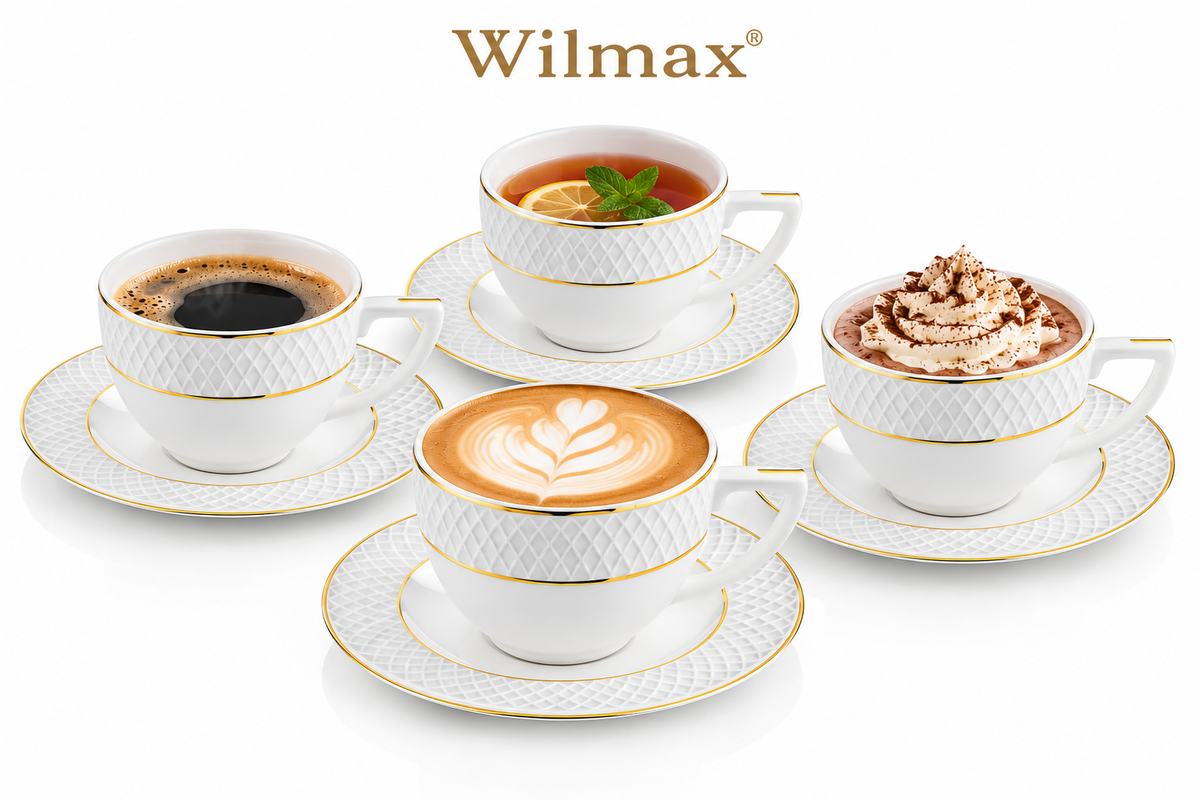 Wilmax Tasse mit Untertasse 240 ml 4er-Set Weiß mit goldfarbenem Dekor aus Porzellan