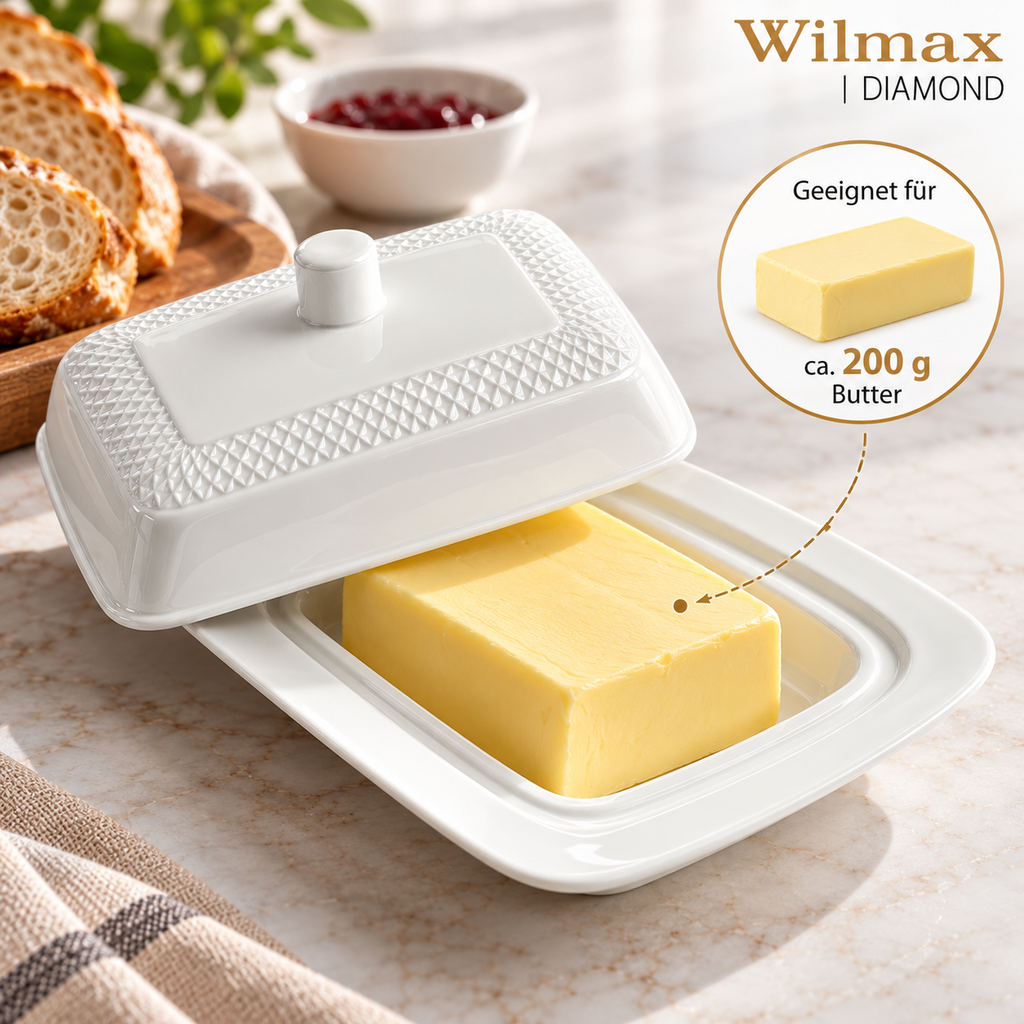 Wilmax Butterdose mit Deckel 18,5 × 12,5 × 7,5 cm Weiß aus Porzellan