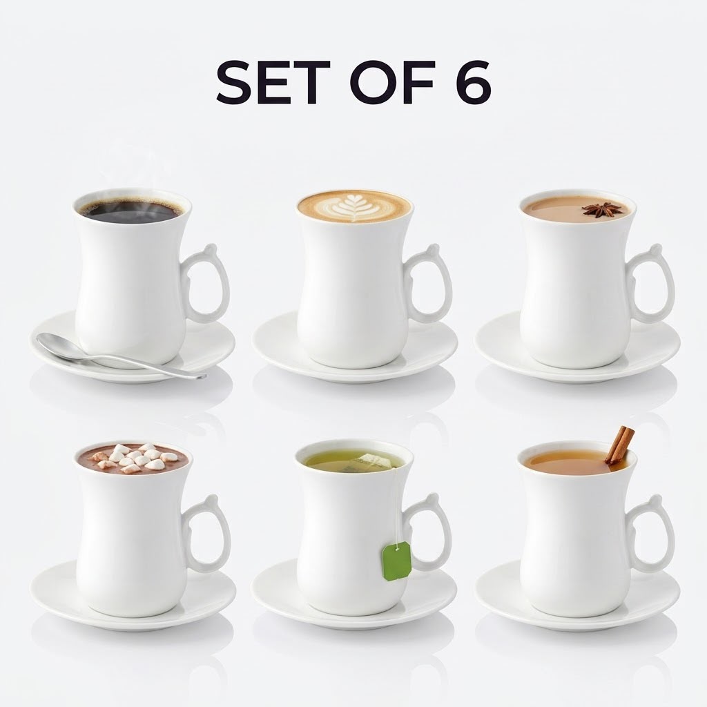 Wilmax Tasse mit Untertassen 6er-Set Weiß aus Porzellan