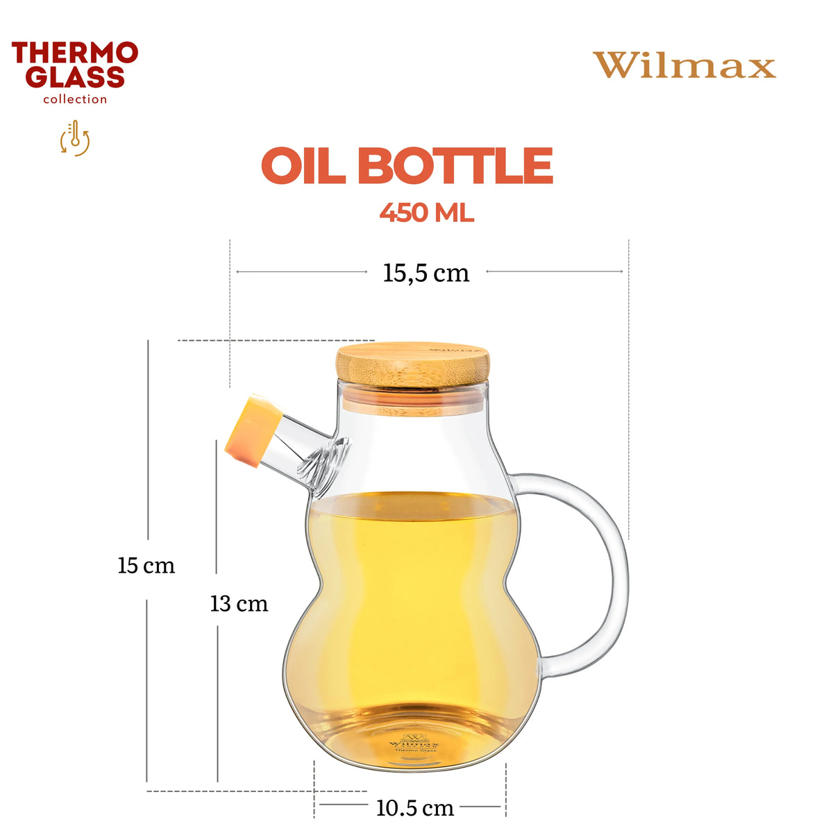 Wilmax Ölflasche 450 ml mit Ausgießer und Filter Transparent aus Glas