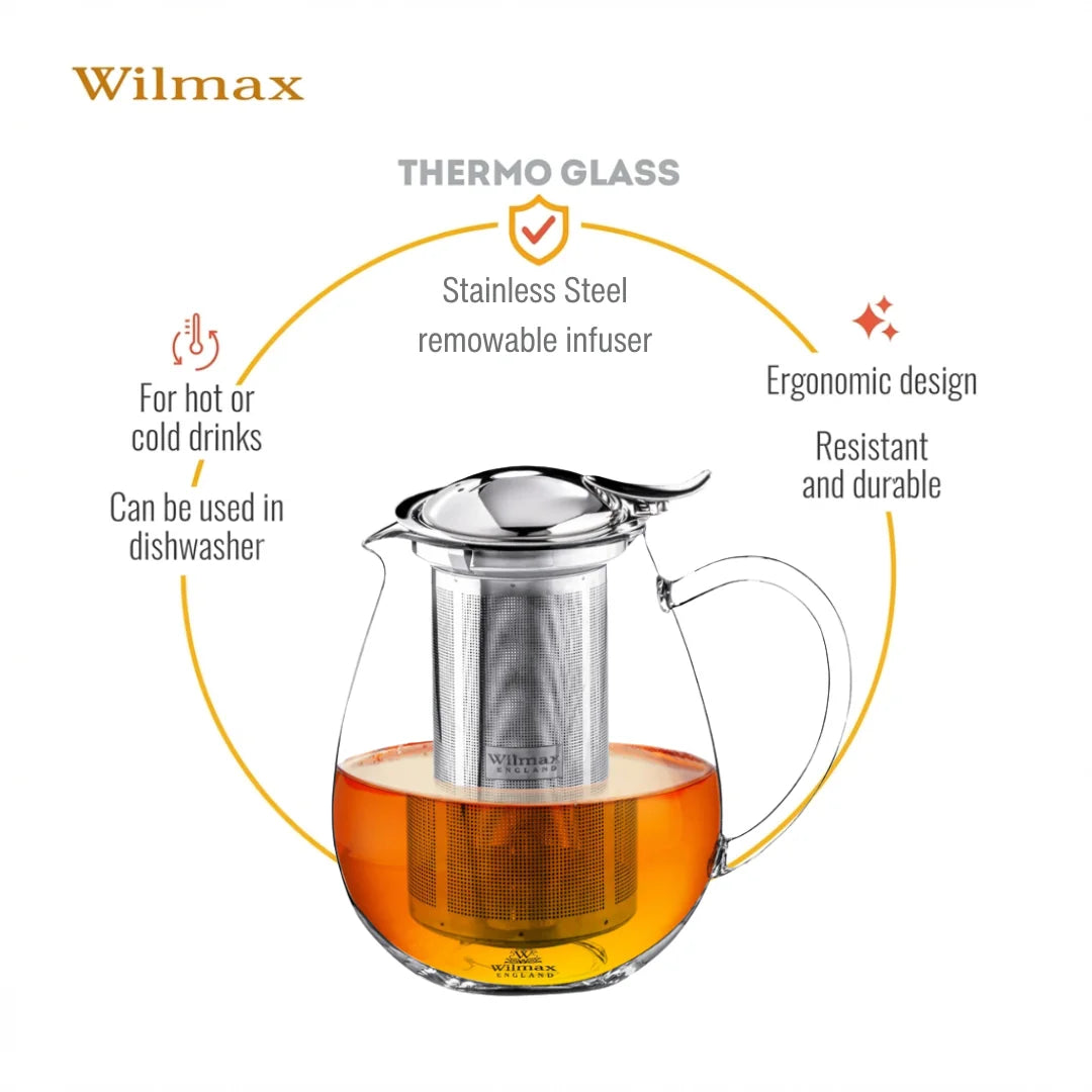 Wilmax Teekanne 850 ml mit Edelstahlfilter Transparent aus Thermoglas