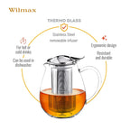 Wilmax Teekanne 850 ml mit Edelstahlfilter Transparent aus Thermoglas