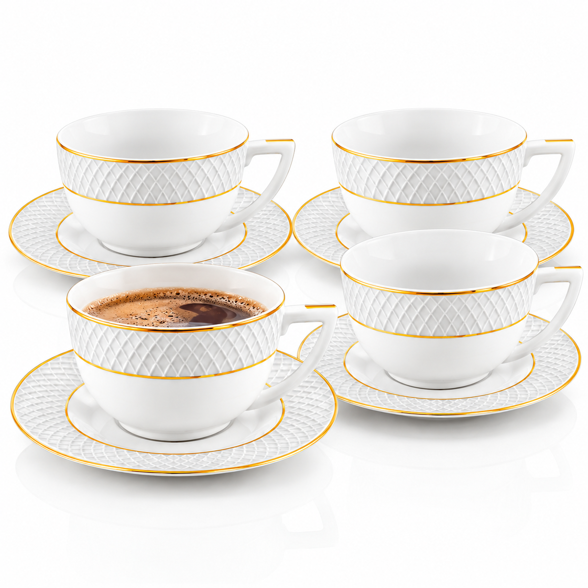 Wilmax Tasse mit Untertasse 240 ml 4er-Set Weiß mit goldfarbenem Dekor aus Porzellan