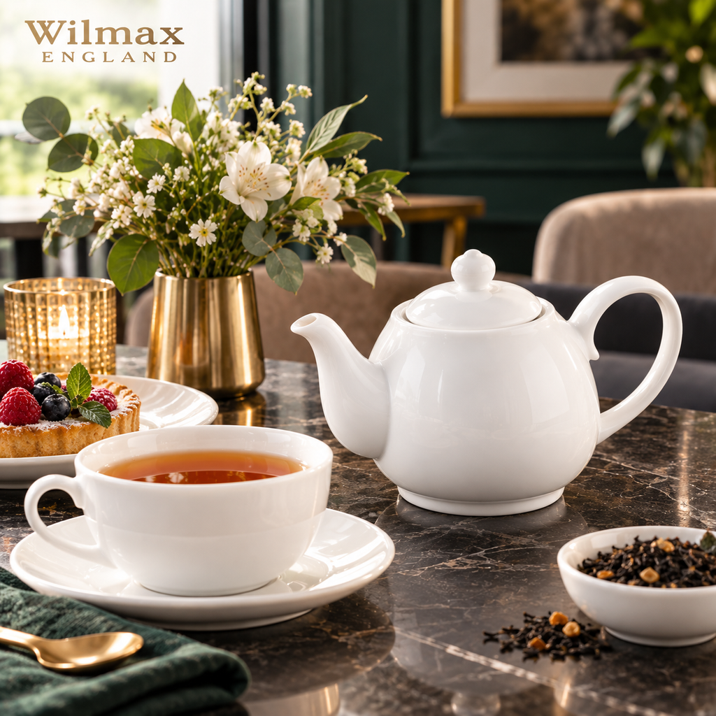 Wilmax Kaffee- und Teekanne mit integriertem Ausgusssieb 850 ml Weiß aus Porzellan