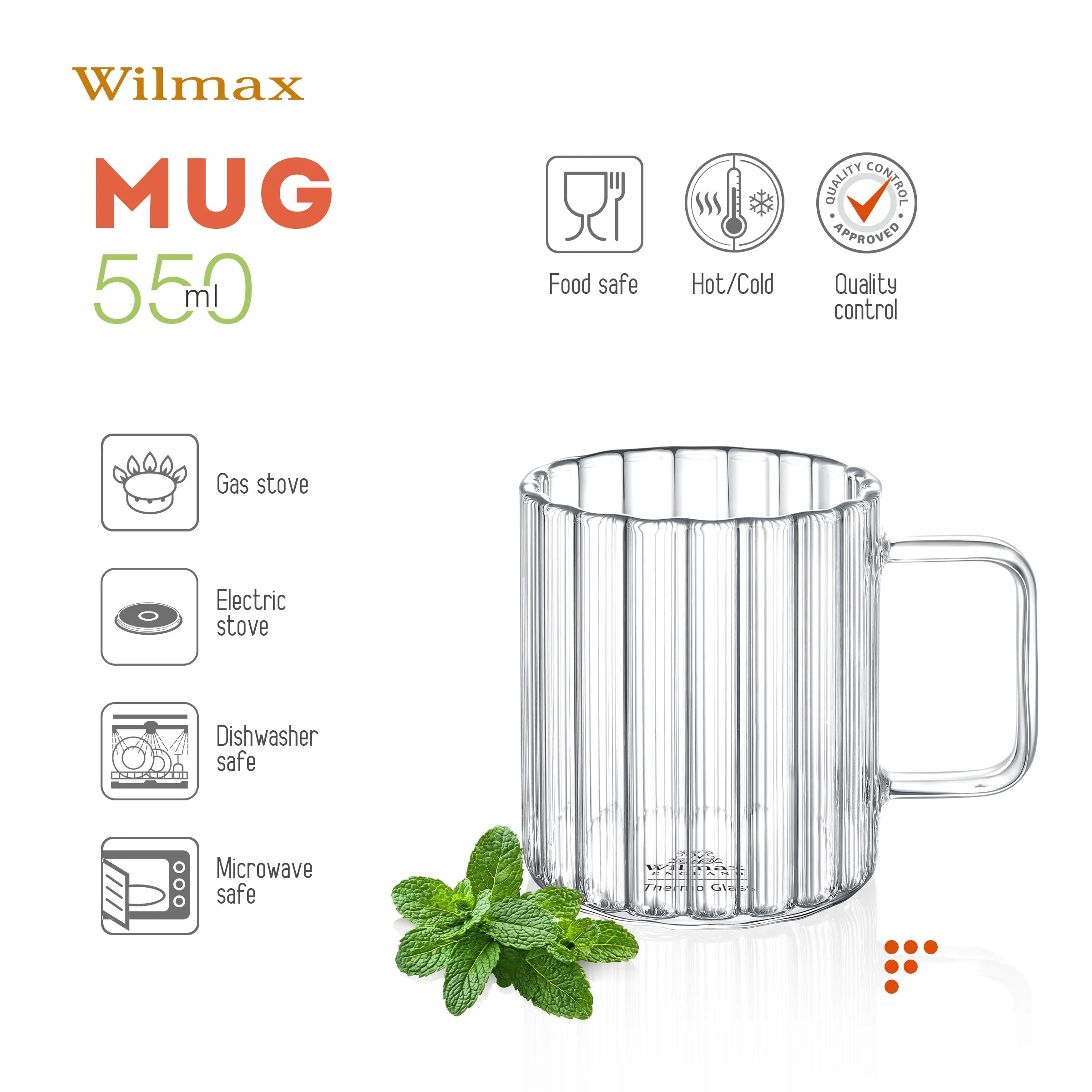 Wilmax Hitzebeständiger Glasbecher mit Henkel 550 ml Transparent aus Glas