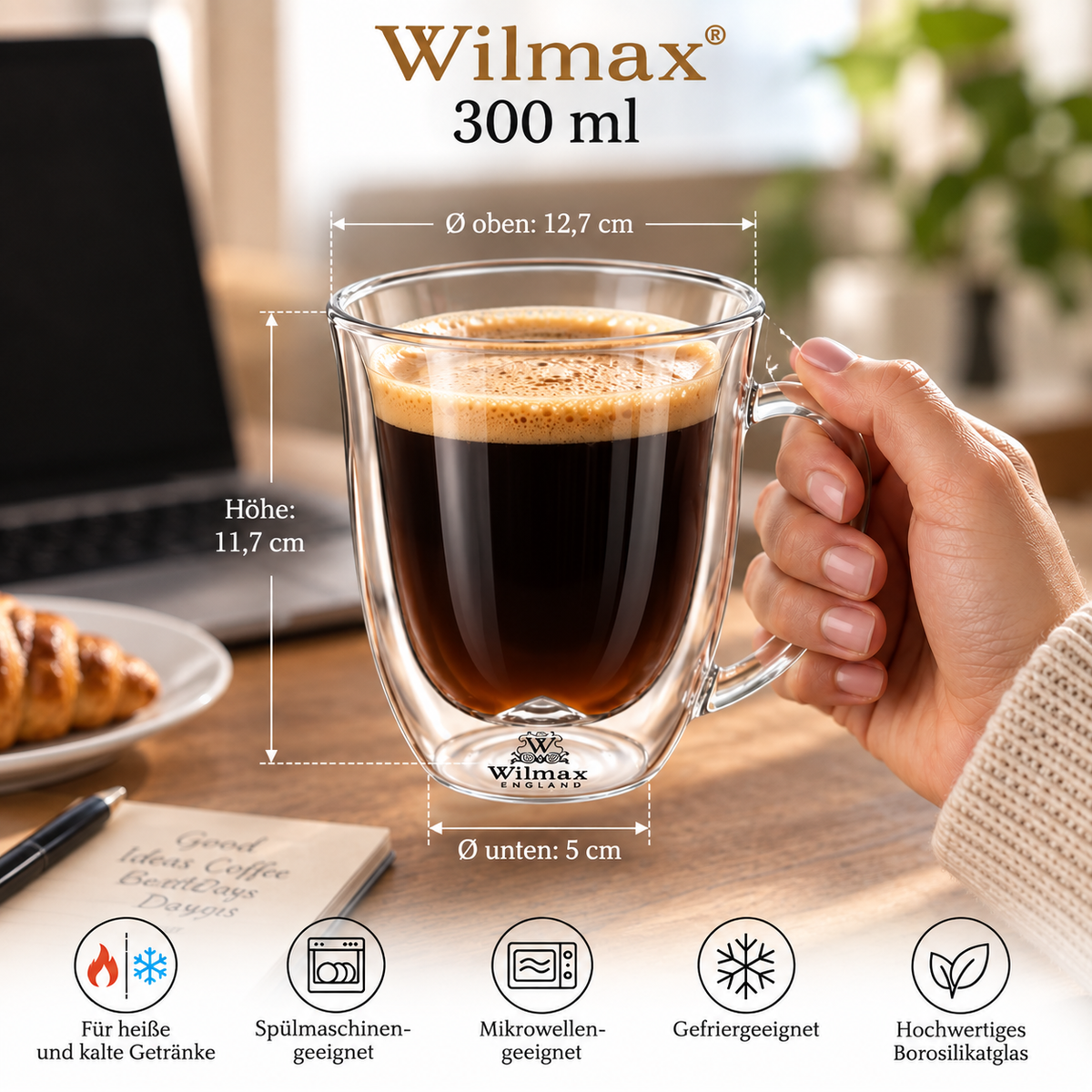 Wilmax Doppelwandiger Becher 300 ml 2er-Set Transparent
