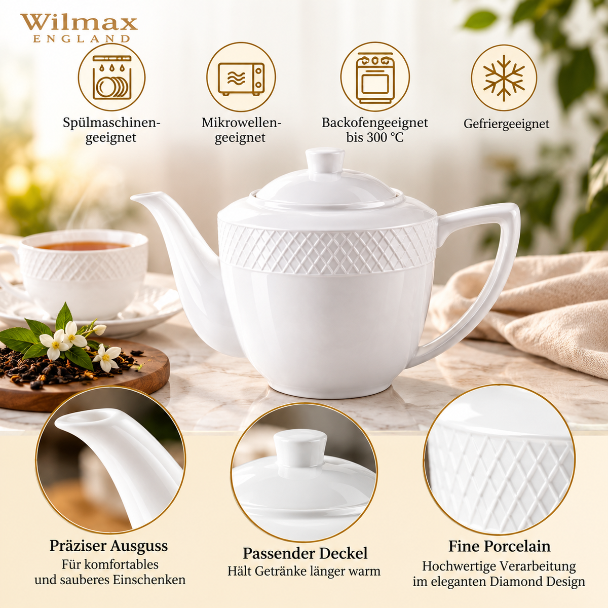 Wilmax Kaffee- und Teekanne mit integriertem Ausgusssieb mit integriertem Ausgusssieb 900 ml Weiß aus Porzellan