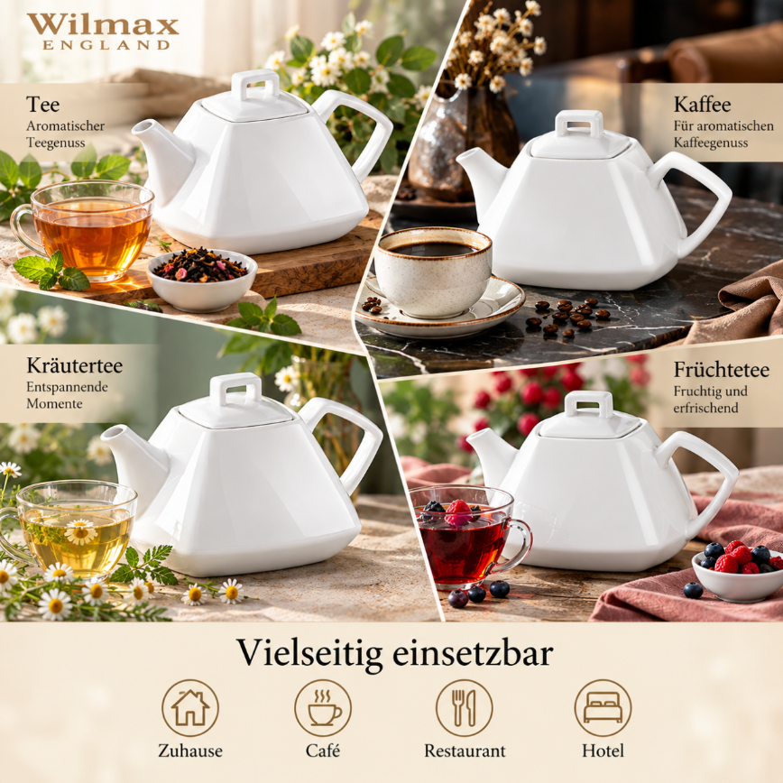 Wilmax Kaffee- und Teekanne mit integriertem Ausgusssieb 1050 ml Weiß aus Porzellan