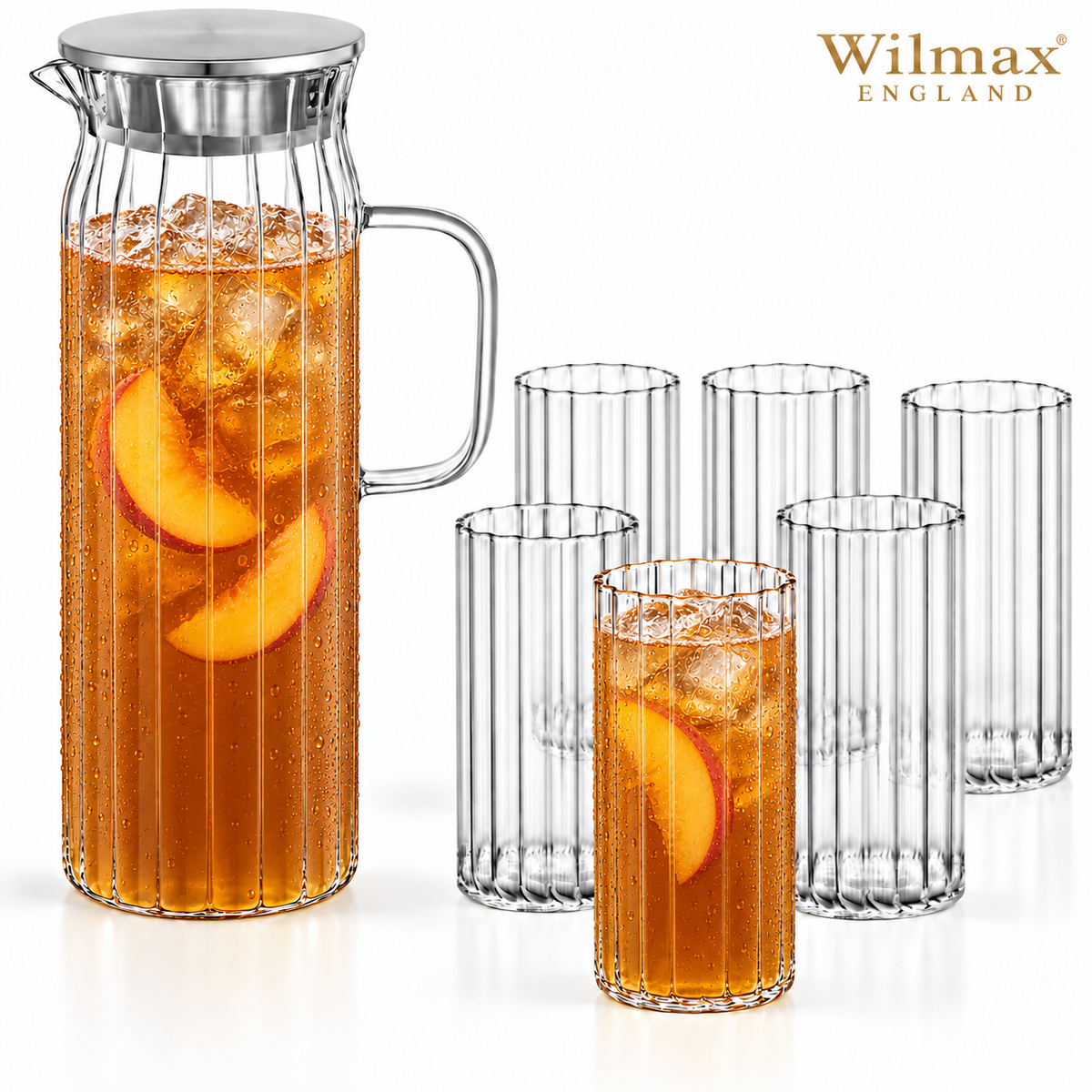 Wilmax Getränkeset 7-teilig mit Krug 1500 ml mit Edelstahldeckel und 6 Gläser 350 ml