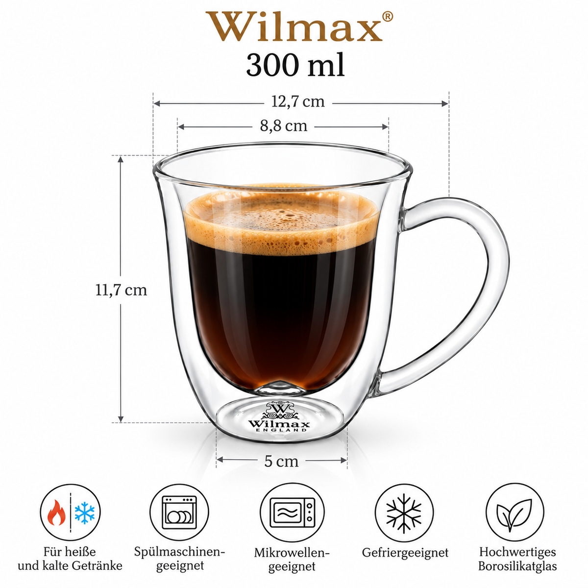 Wilmax Doppelwandiger Becher 300 ml 4er-Set Transparent