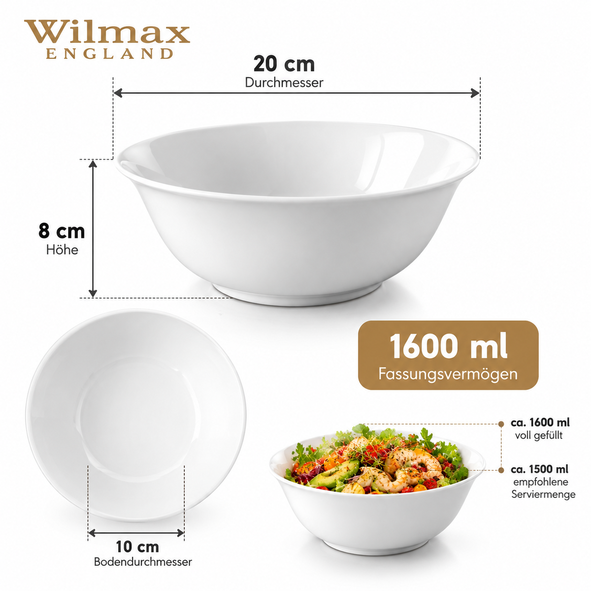 Wilmax Schale 1600 ml 20 cm Weiß aus Porzellan