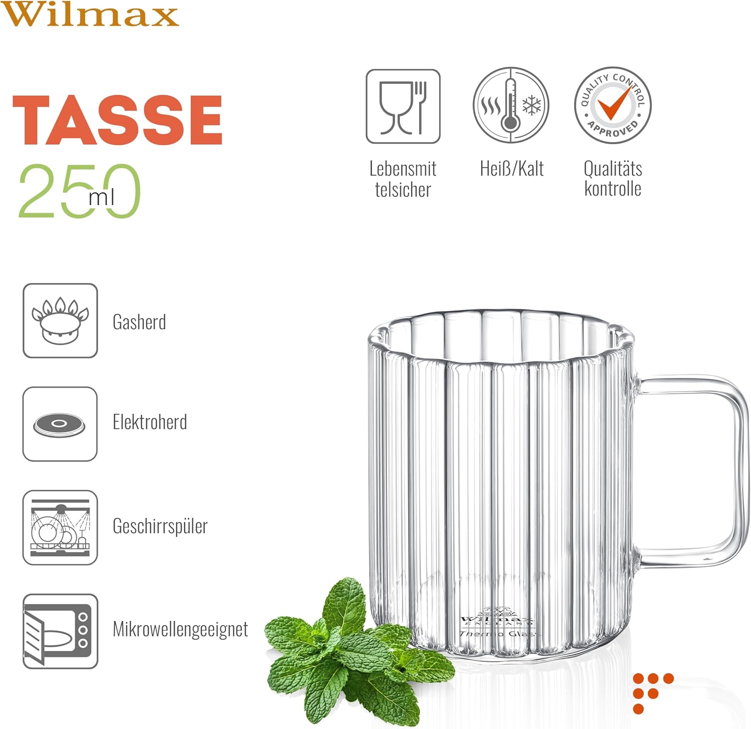 Wilmax Hitzebeständige Glastasse mit Henkel 250 ml 6er-Set aus Glas