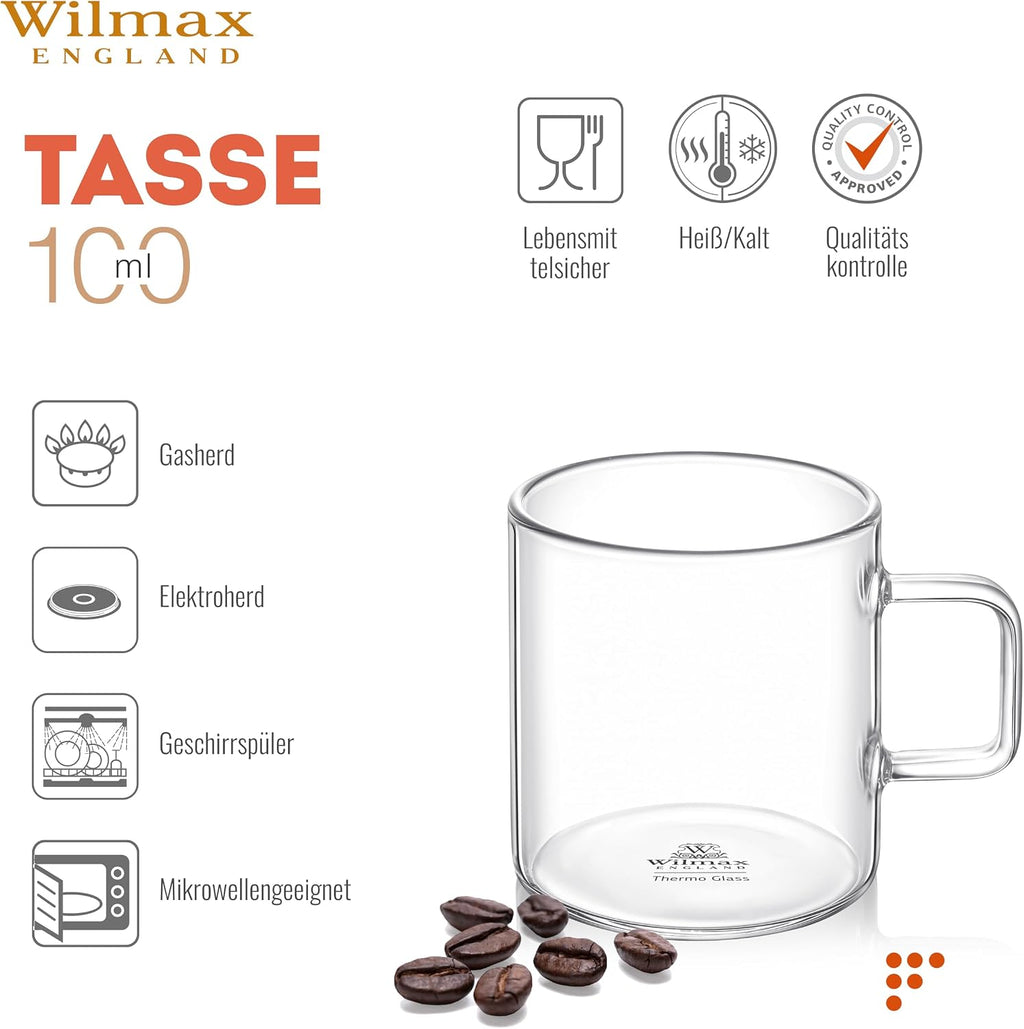Wilmax Glastasse 100 ml 6er-Set Transparent aus Borosilikatglas