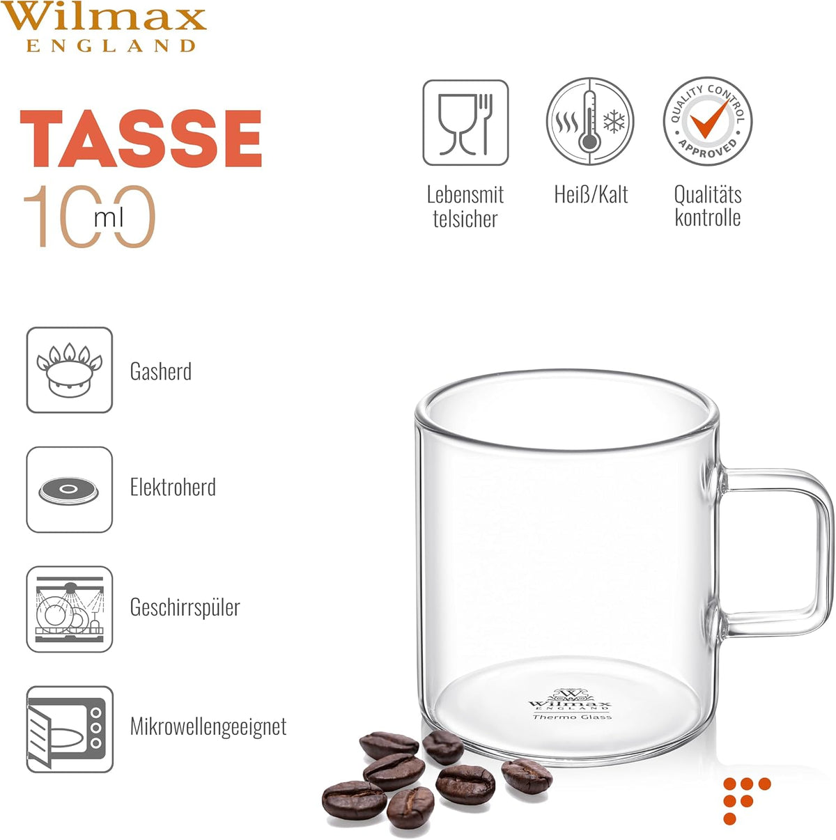 Wilmax Glastasse 100 ml 6er-Set Transparent aus Borosilikatglas