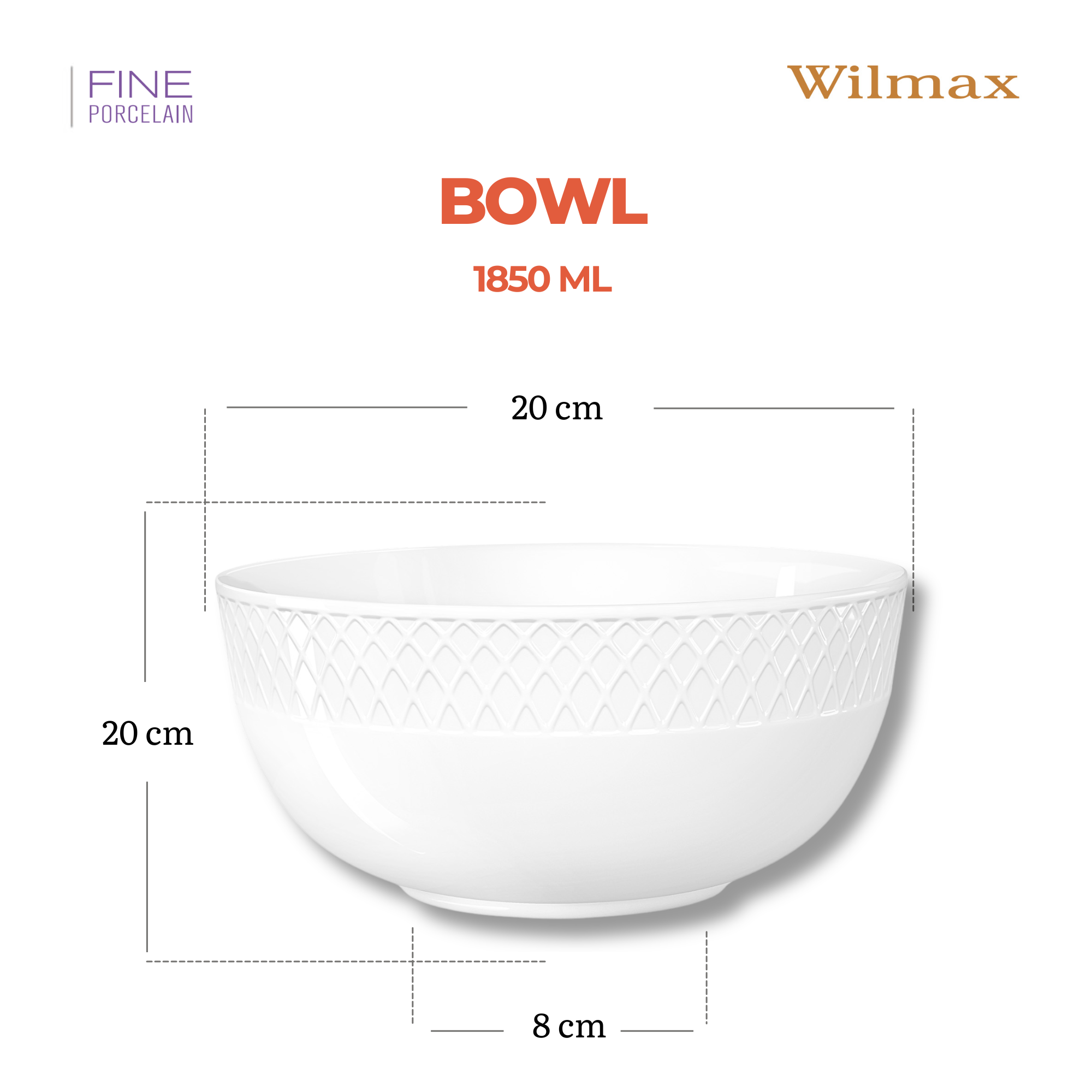 Wilmax Schale 20 cm 1850 ml 2er-Set Weiß aus Porzellan