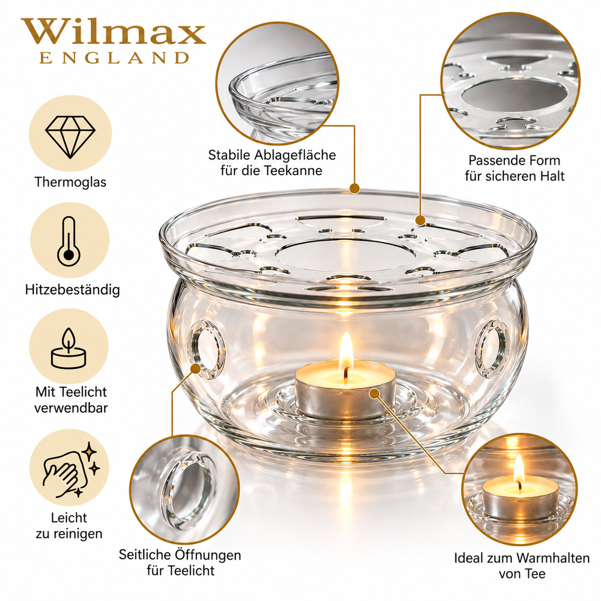 Wilmax Stövchen für Teekannen Transparent aus Glas