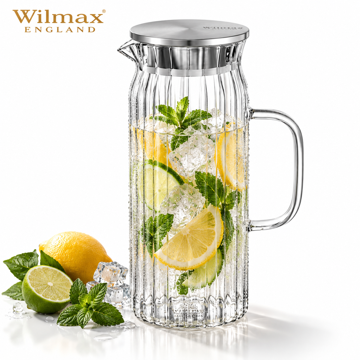 Wilmax Krug 1500 ml mit Edelstahldeckel Transparent aus Thermoglas