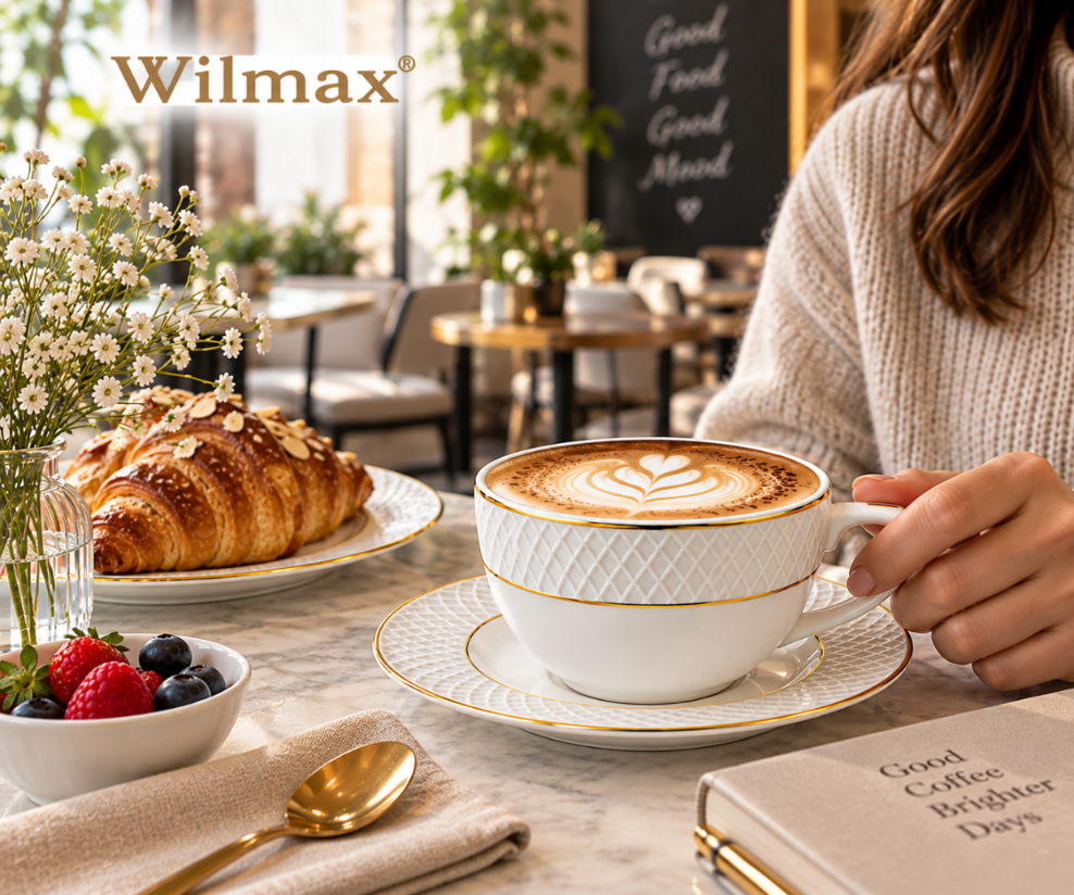 Wilmax Tasse mit Untertasse 240 ml 2er-Set Weiß mit goldfarbenem Dekor aus Porzellan