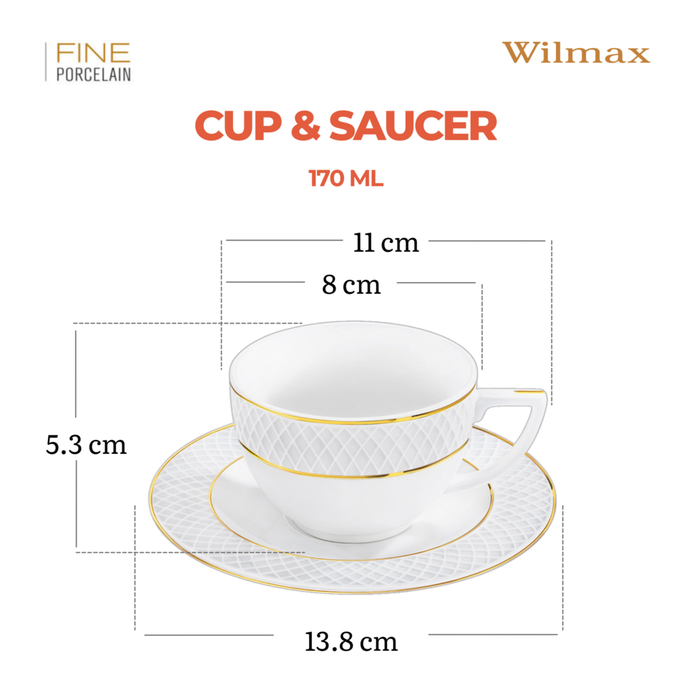 Wilmax Cappuccinotasse mit Untertasse 170 ml Weiß mit Golddekor aus Porzellan