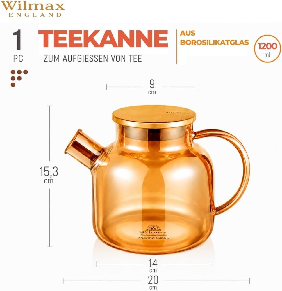 Wilmax Teekanne 1200 ml mit Federfilter und mit Edelstahldeckel Gold aus Thermoglas