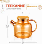 Wilmax Teekanne 1200 ml mit Federfilter und mit Edelstahldeckel Gold aus Thermoglas