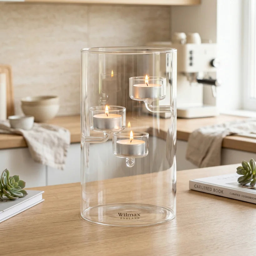 Wilmax Teelichthalter für 3 Teelichter 20 cm Transparent aus Glas