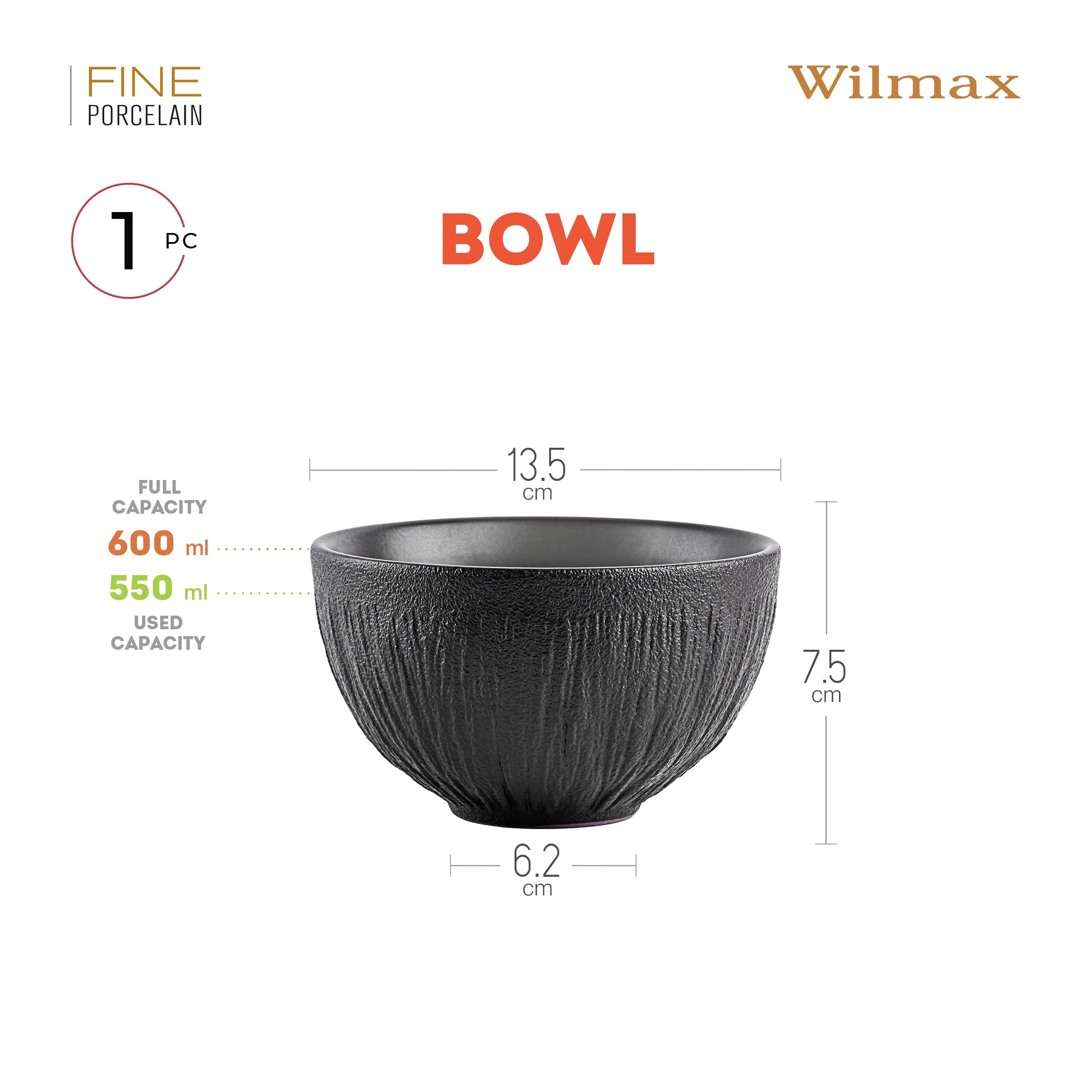 Wilmax Schale 600 ml Schwarz aus Porzellan