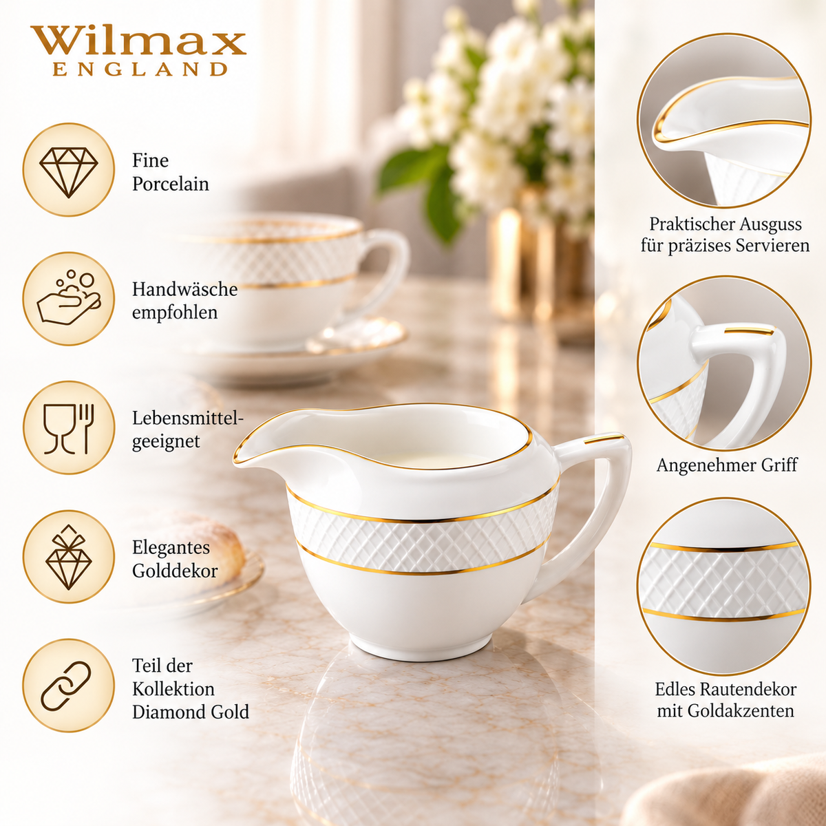 Wilmax Milchkännchen 280 ml Weiß mit Golddekor aus Porzellan