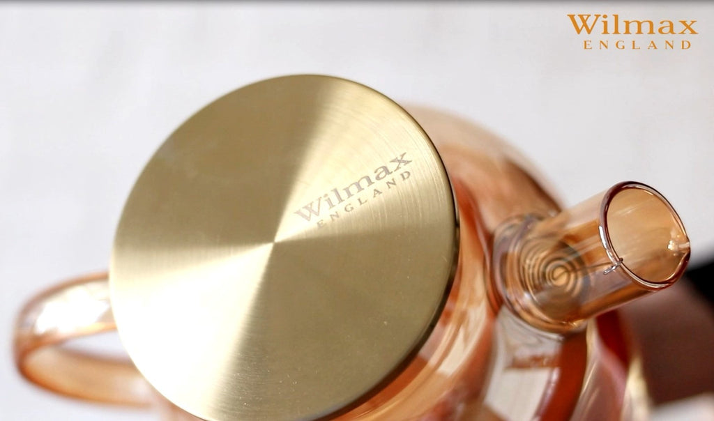 Wilmax Teekanne 1600 ml mit Federfilter und mit Edelstahldeckel Gold aus Thermoglas