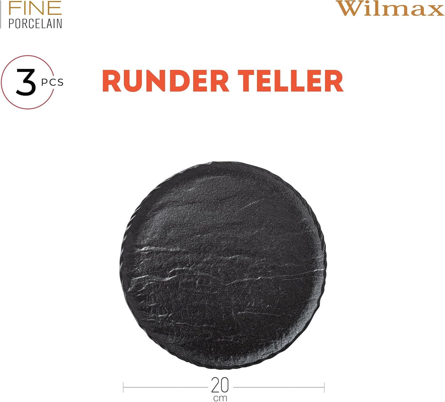 Wilmax Runde Platte 20,5 cm 3er-Set Schwarz aus Porzellan