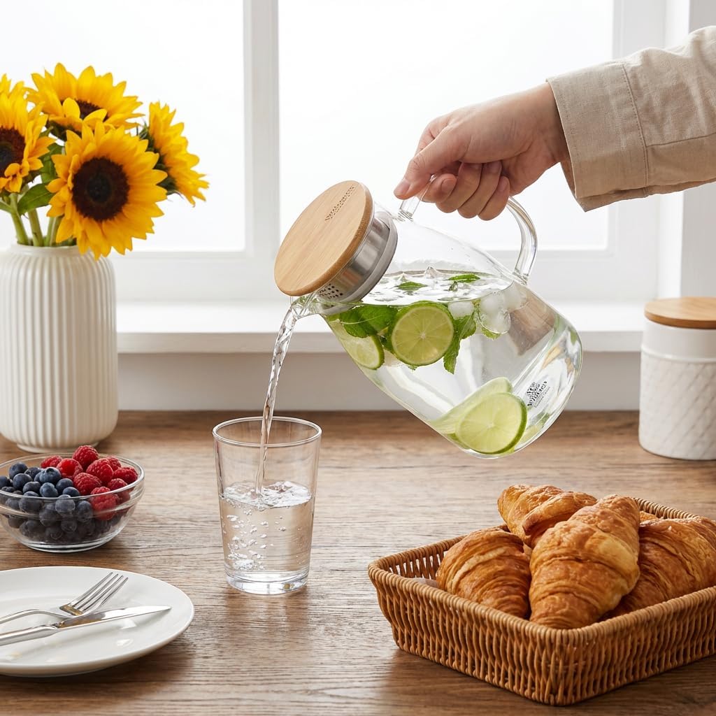 Wilmax Krug 1500 ml mit Bambusdeckel und Filter Transparent aus Thermoglas