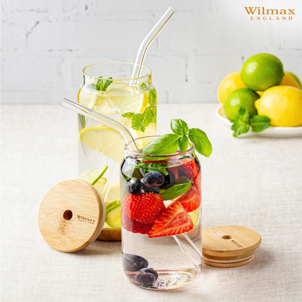 Wilmax Glasbecher 500 ml mit Deckel und Trinkhalm Transparent
