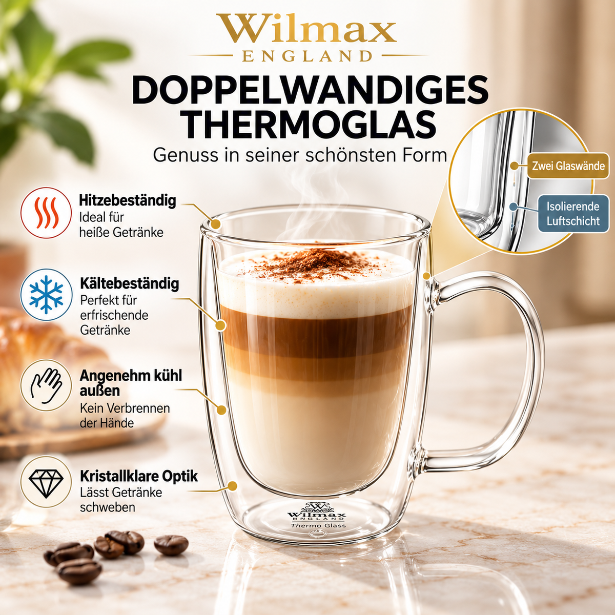 Wilmax Doppelwandige Tasse 500 ml 4er-Set Transparent