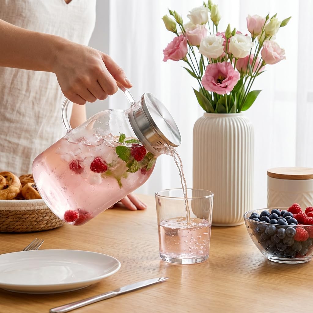 Wilmax Krug 2100 ml mit Edelstahldeckel und Filter Transparent aus Thermoglas